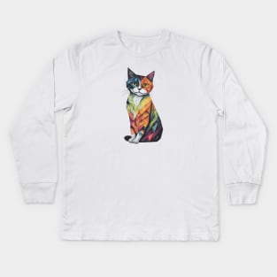 Watercolored Geometric Cat Kids Long Sleeve T-Shirt